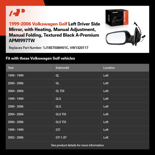 1999-2006 Volkswagen Golf Left Driver Side Mirror, with Heating, Manual Adjustment, Manual Folding, Textured Black A-Premium APMI997TW