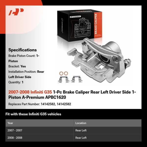 2007-2008 Infiniti G35 1-Pc Brake Caliper Rear Left Driver Side 1-Piston A-Premium APBC1620