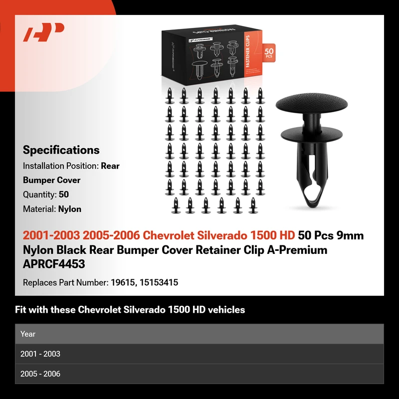 2001-2003 2005-2006 Chevrolet Silverado 1500 HD 50 Pcs 9mm Nylon Black Rear Bumper Cover Retainer Clip A-Premium APRCF4453