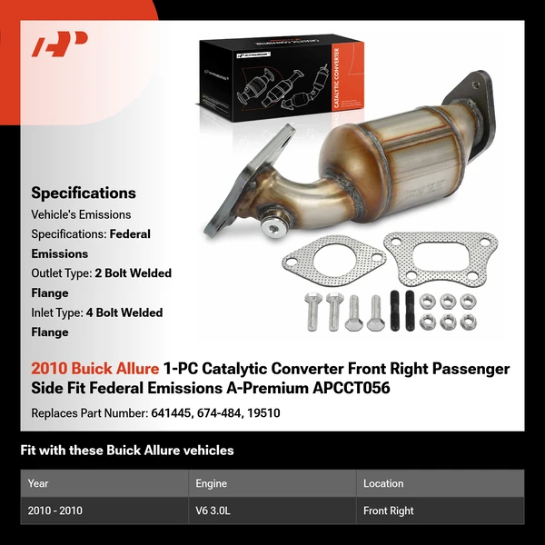 2010 Buick Allure 1-PC Catalytic Converter Front Right Passenger Side Fit Federal Emissions A-Premium APCCT056
