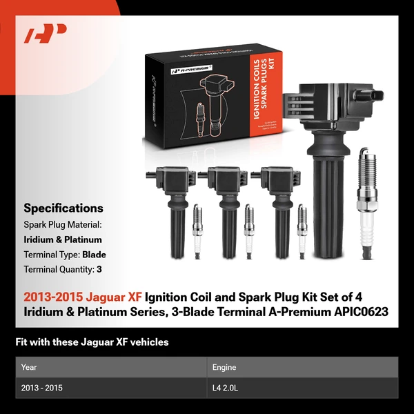 2013-2015 Jaguar XF Ignition Coil and Spark Plug Kit Set of 8 Iridium & Platinum Series, 3-Pin Terminal A-Premium APIC0623