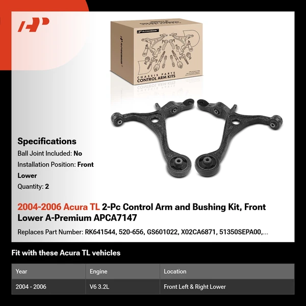 2004-2006 Acura TL 2-Pc Control Arm and Bushing Kit, Front Lower A-Premium APCA7147