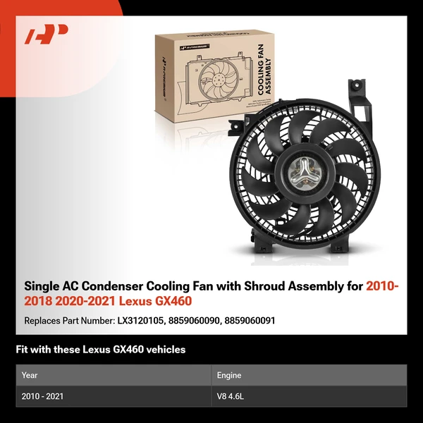 Single AC Condenser Cooling Fan with Shroud Assembly for 2010-2018 2020-2021 Lexus GX460