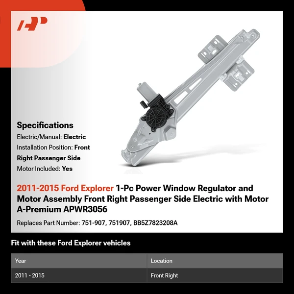 2011-2015 Ford Explorer 1-Pc Power Window Regulator and Motor Assembly Front Right Passenger Side Electric with Motor A-Premium APWR3056