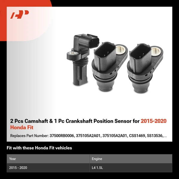 2 Pcs Camshaft & 1 Pc Crankshaft Position Sensor for 2015-2020 Honda Fit