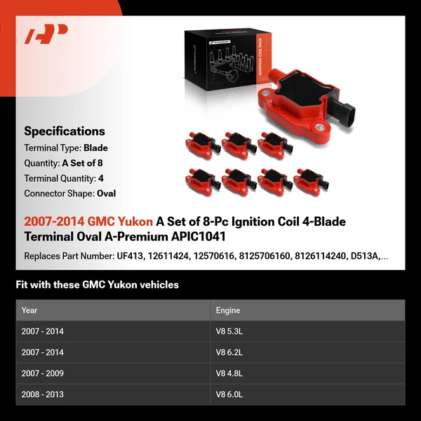 2007-2014 GMC Yukon A Set of 8-Pc Ignition Coil 4-Blade Terminal Oval A-Premium APIC1041