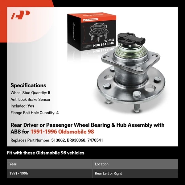 Rear Driver or Passenger Wheel Bearing & Hub Assembly with ABS for 1991-1996 Oldsmobile 98