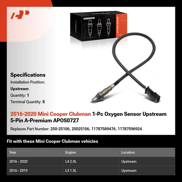 2016-2020 Mini Cooper Clubman 1-Pc Oxygen Sensor Upstream 5-Pin A-Premium APOS0727