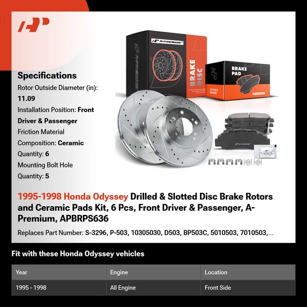 1995-1998 Honda Odyssey Drilled & Slotted Disc Brake Rotors and Ceramic Pads Kit, 6 Pcs, Front Driver & Passenger, A-Premium, APBRPS636