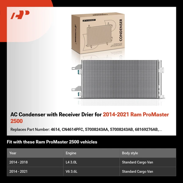 AC Condenser with Receiver Drier for 2014-2021 Ram ProMaster 2500