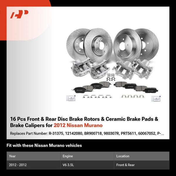 16 Pcs Front & Rear Disc Brake Rotors & Ceramic Brake Pads & Brake Calipers for 2012 Nissan Murano