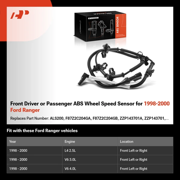 Front Driver or Passenger ABS Wheel Speed Sensor for 1998-2000 Ford Ranger
