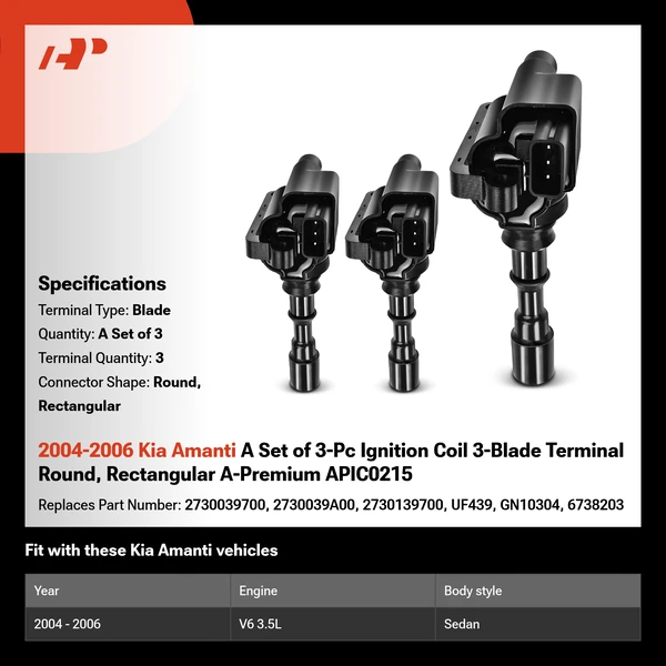2004-2006 Kia Amanti A Set of 3-Pc Ignition Coil 3-Blade Terminal Round, Rectangular A-Premium APIC0215