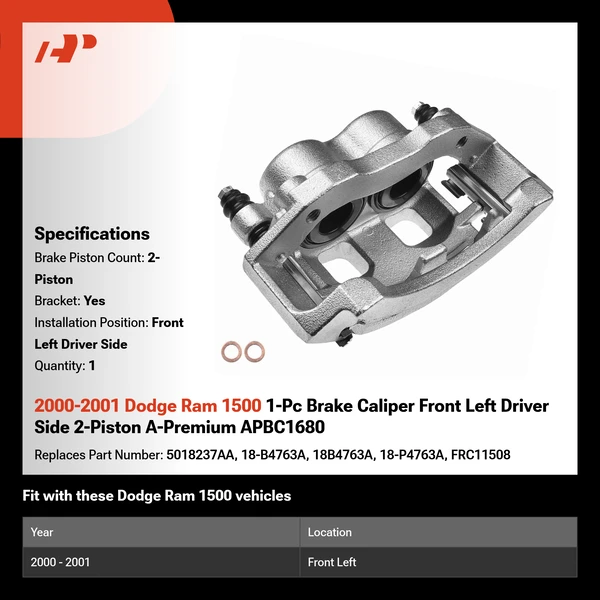 2000-2001 Dodge Ram 1500 1-Pc Brake Caliper Front Left Driver Side 2-Piston A-Premium APBC1680