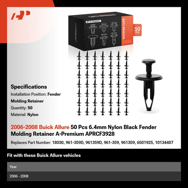 2006-2008 Buick Allure 50 Pcs 6.4mm Nylon Black Fender Molding Retainer A-Premium APRCF3928