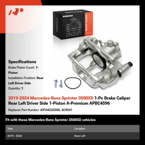 2019-2024 Mercedes-Benz Sprinter 3500XD 1-Pc Brake Caliper Rear Left Driver Side 1-Piston A-Premium APBC4596