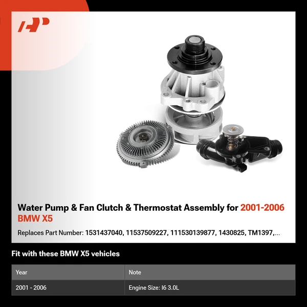 Water Pump & Fan Clutch & Thermostat Assembly for 2001-2006 BMW X5