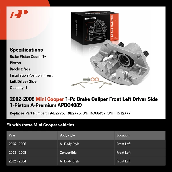 2002-2008 Mini Cooper 1-Pc Brake Caliper Front Left Driver Side 1-Piston A-Premium APBC4089
