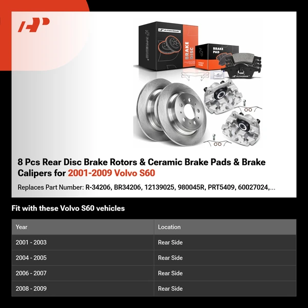 8 Pcs Rear Disc Brake Rotors & Ceramic Brake Pads & Brake Calipers for 2001-2009 Volvo S60