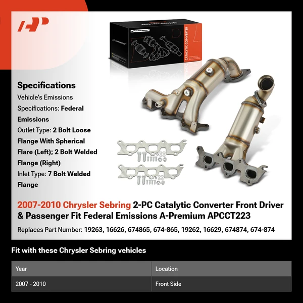 2007-2010 Chrysler Sebring 2-PC Catalytic Converter Front Driver & Passenger Fit Federal Emissions A-Premium APCCT223