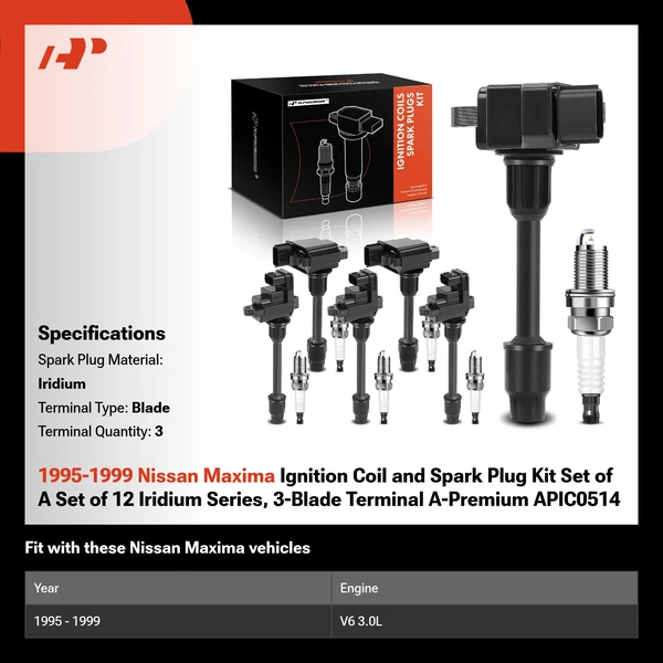 1995-1999 Nissan Maxima Ignition Coil and Spark Plug Kit Set of A Set of 12 Iridium Series, 3-Blade Terminal A-Premium APIC0514