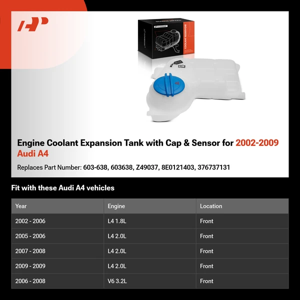 Engine Coolant Expansion Tank with Cap & Sensor for 2002-2009 Audi A4