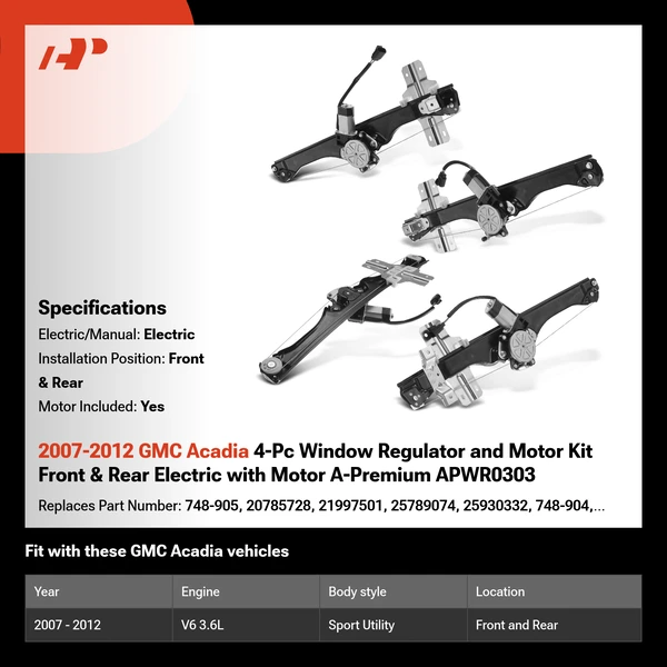2007-2012 GMC Acadia 4-Pc Window Regulator and Motor Kit Front & Rear Electric with Motor A-Premium APWR0303