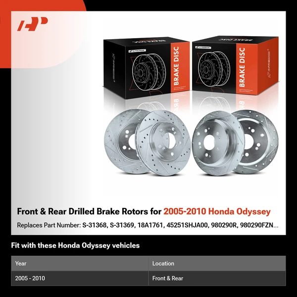 Front & Rear Drilled Brake Rotors for 2005-2010 Honda Odyssey