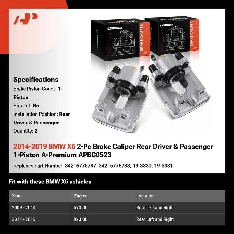 2014-2019 BMW X6 2-Pc Brake Caliper Rear Driver & Passenger 1-Piston A-Premium APBC0523