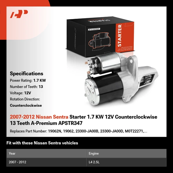 2007-2012 Nissan Sentra Starter 1.7 KW 12V Counterclockwise 13 Teeth A-Premium APSTR347