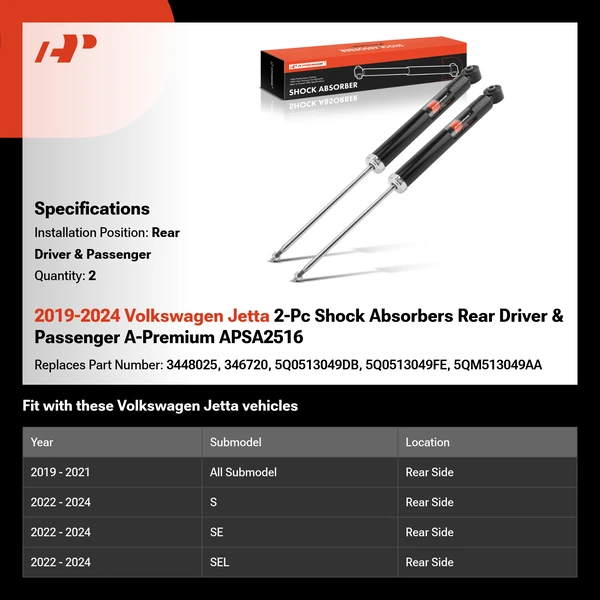 2019-2024 Volkswagen Jetta 2-Pc Shock Absorbers Rear Driver & Passenger A-Premium APSA2516