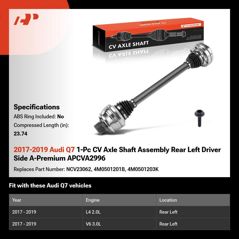 2017-2019 Audi Q7 1-Pc CV Axle Shaft Assembly Rear Left Driver Side A-Premium APCVA2996