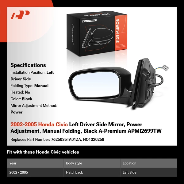2002-2005 Honda Civic Left Driver Side Mirror, Power Adjustment, Manual Folding, Black A-Premium APMI2699TW