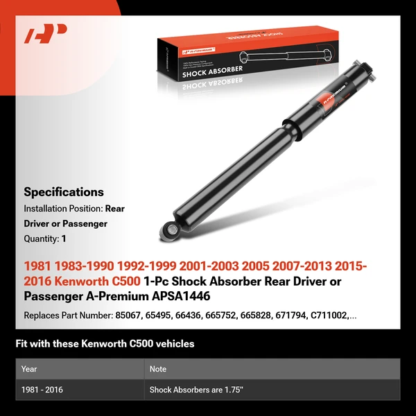1981 1983-1990 1992-1999 2001-2003 2005 2007-2013 2015-2016 Kenworth C500 1-Pc Shock Absorber Rear Driver or Passenger A-Premium APSA1446