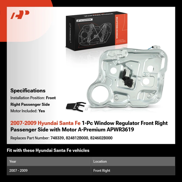 2007-2009 Hyundai Santa Fe 1-Pc Window Regulator Front Right Passenger Side with Motor A-Premium APWR3619