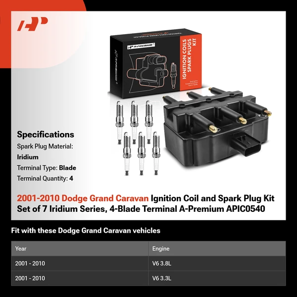 2001-2010 Dodge Grand Caravan Ignition Coil and Spark Plug Kit Set of 7 Iridium Series, 4-Blade Terminal A-Premium APIC0540