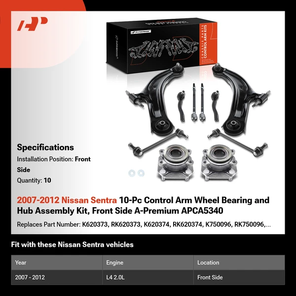2007-2012 Nissan Sentra 10-Pc Control Arm Wheel Bearing and Hub Assembly Kit, Front Side A-Premium APCA5340