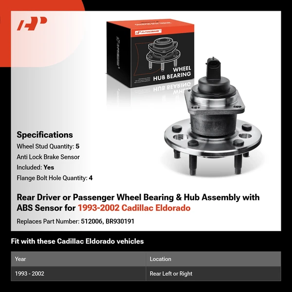 Rear Driver or Passenger Wheel Bearing & Hub Assembly with ABS Sensor for 1993-2002 Cadillac Eldorado