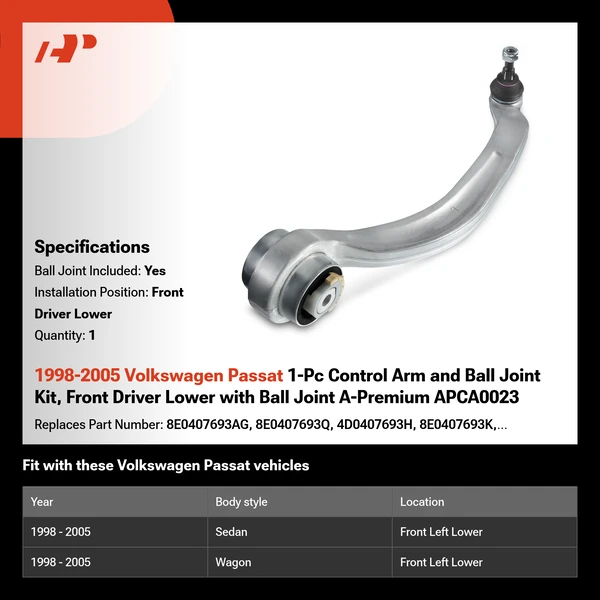 1998-2005 Volkswagen Passat 1-Pc Control Arm and Ball Joint Kit, Front Driver Lower with Ball Joint A-Premium APCA0023
