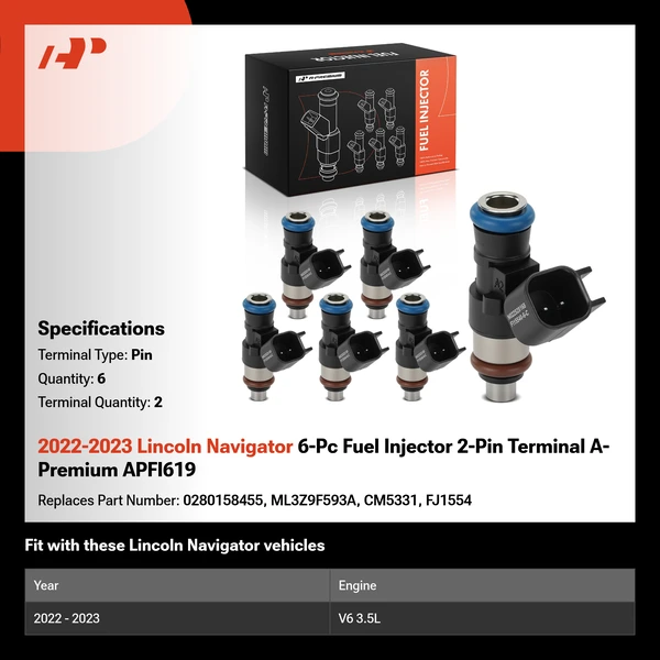 2022-2023 Lincoln Navigator 6-Pc Fuel Injector 2-Pin Terminal A-Premium APFI619
