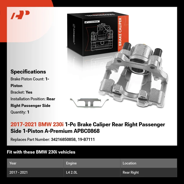 2017-2021 BMW 230i 1-Pc Brake Caliper Rear Right Passenger Side 1-Piston A-Premium APBC0868