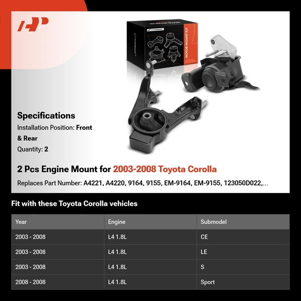2 Pcs Engine Mount for 2003-2008 Toyota Corolla