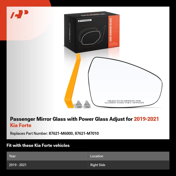 Passenger Mirror Glass with Power Glass Adjust for 2019-2021 Kia Forte