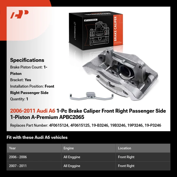 2006-2011 Audi A6 1-Pc Brake Caliper Front Right Passenger Side 1-Piston A-Premium APBC2065