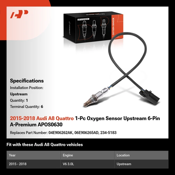 2015-2018 Audi A8 Quattro 1-Pc Oxygen Sensor Upstream 6-Pin A-Premium APOS0630