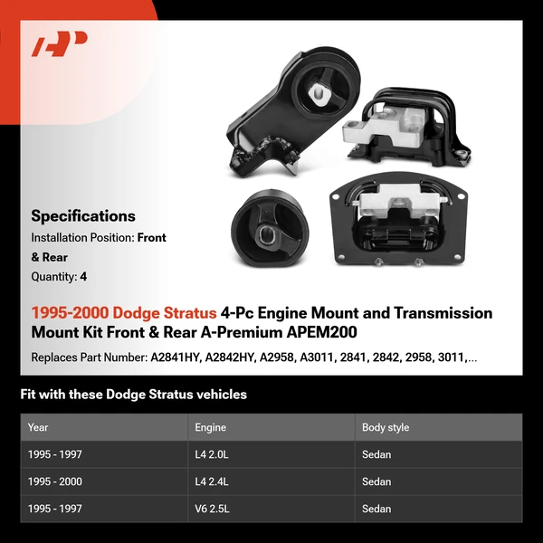 1995-2000 Dodge Stratus 4-Pc Engine Mount and Transmission Mount Kit Front & Rear A-Premium APEM200