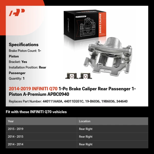 2014-2019 INFINITI Q70 1-Pc Brake Caliper Rear Passenger 1-Piston A-Premium APBC0940