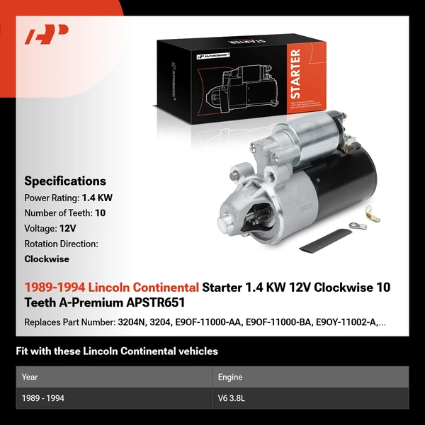 1989-1994 Lincoln Continental Starter 1.4 KW 12V Clockwise 10 Teeth A-Premium APSTR651