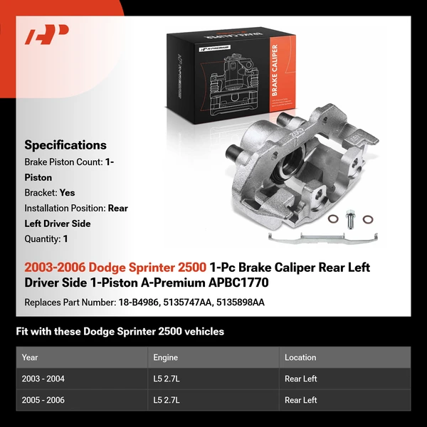 2003-2006 Dodge Sprinter 2500 1-Pc Brake Caliper Rear Left Driver Side 1-Piston A-Premium APBC1770