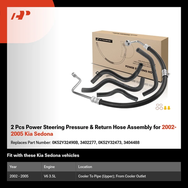 2 Pcs Power Steering Pressure & Return Hose Assembly for 2002-2005 Kia Sedona
